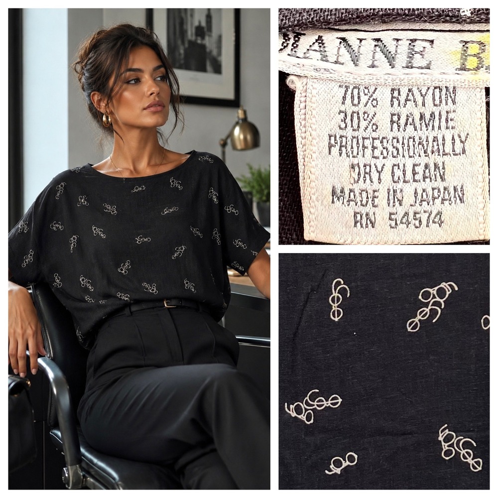Vtg 80s Dianne B Made in Japan Retro Glasses Print Boxy Top Black M Office Siren - Picture 7 of 14